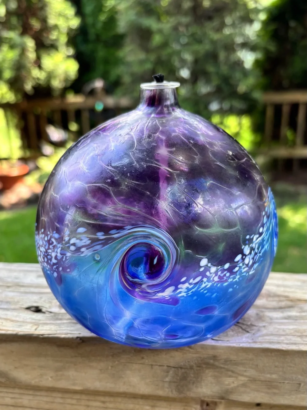 Hand Blown Canadian Glass Oil Lamp Purple/Blue Swirl Crackle Finish Vtg